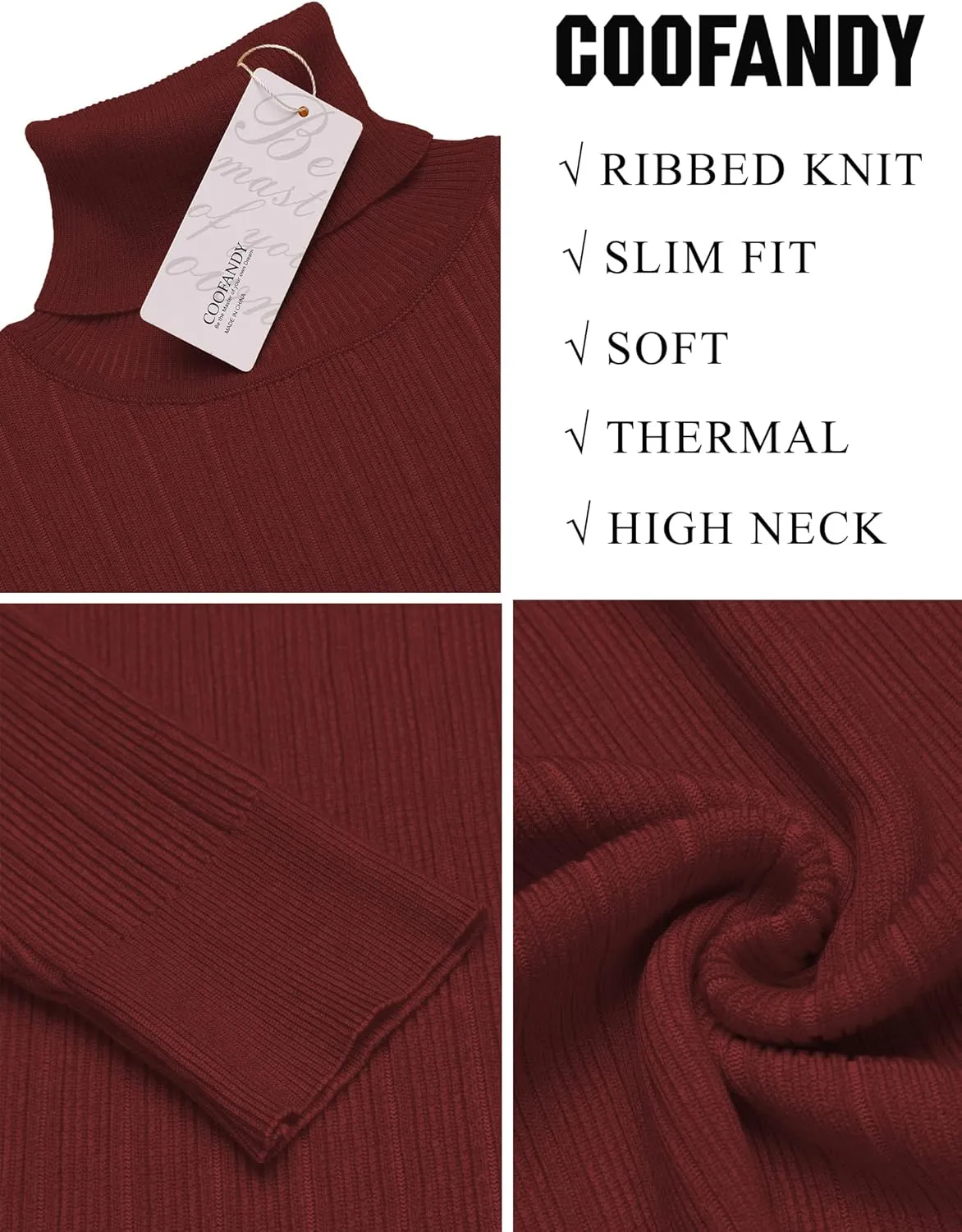 COOFANDY Men's Slim Fit Turtleneck Sweater Ribbed Knitted High Neck Pullover Sweaters