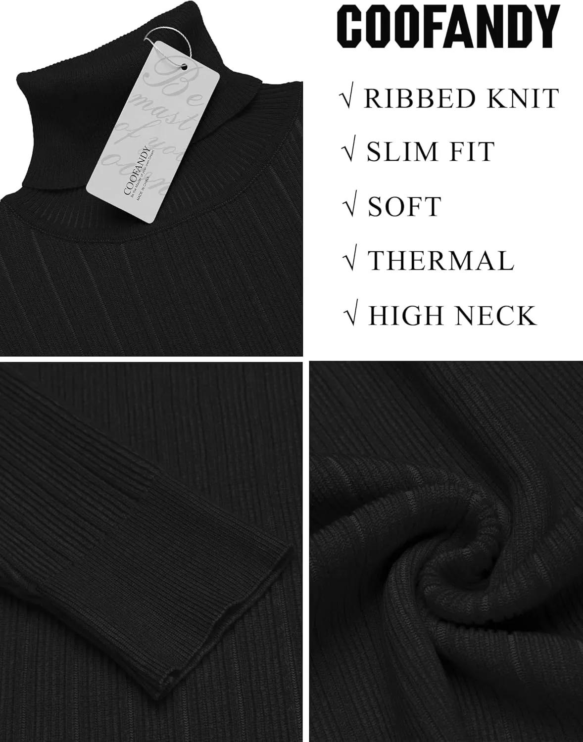 COOFANDY Men's Slim Fit Turtleneck Sweater Ribbed Knitted High Neck Pullover Sweaters