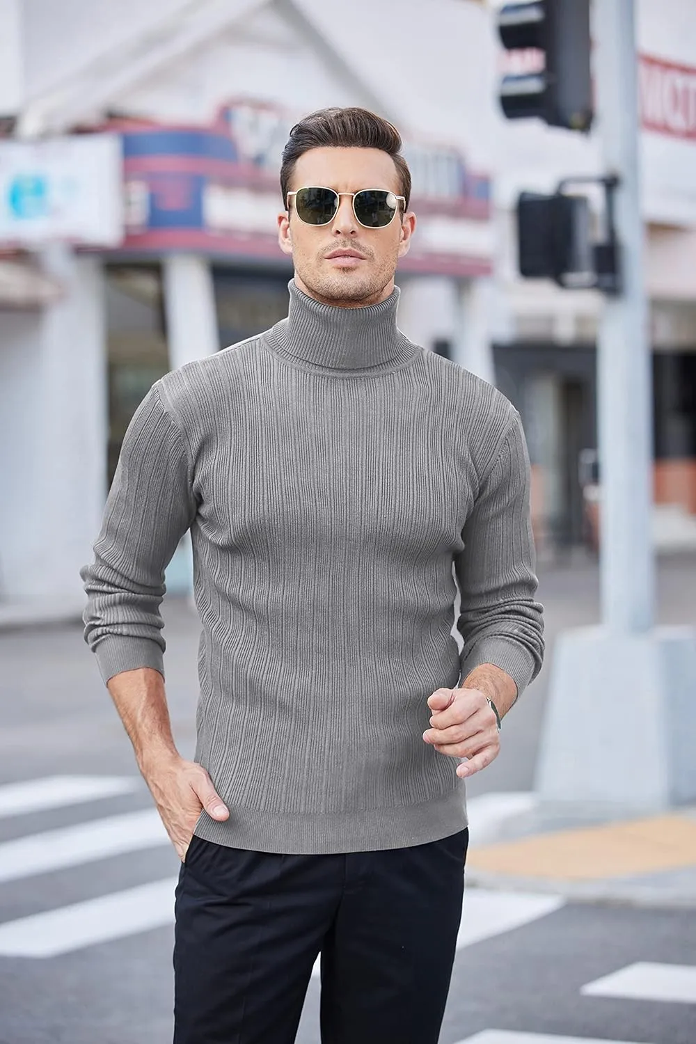 COOFANDY Men's Slim Fit Turtleneck Sweater Ribbed Knitted High Neck Pullover Sweaters
