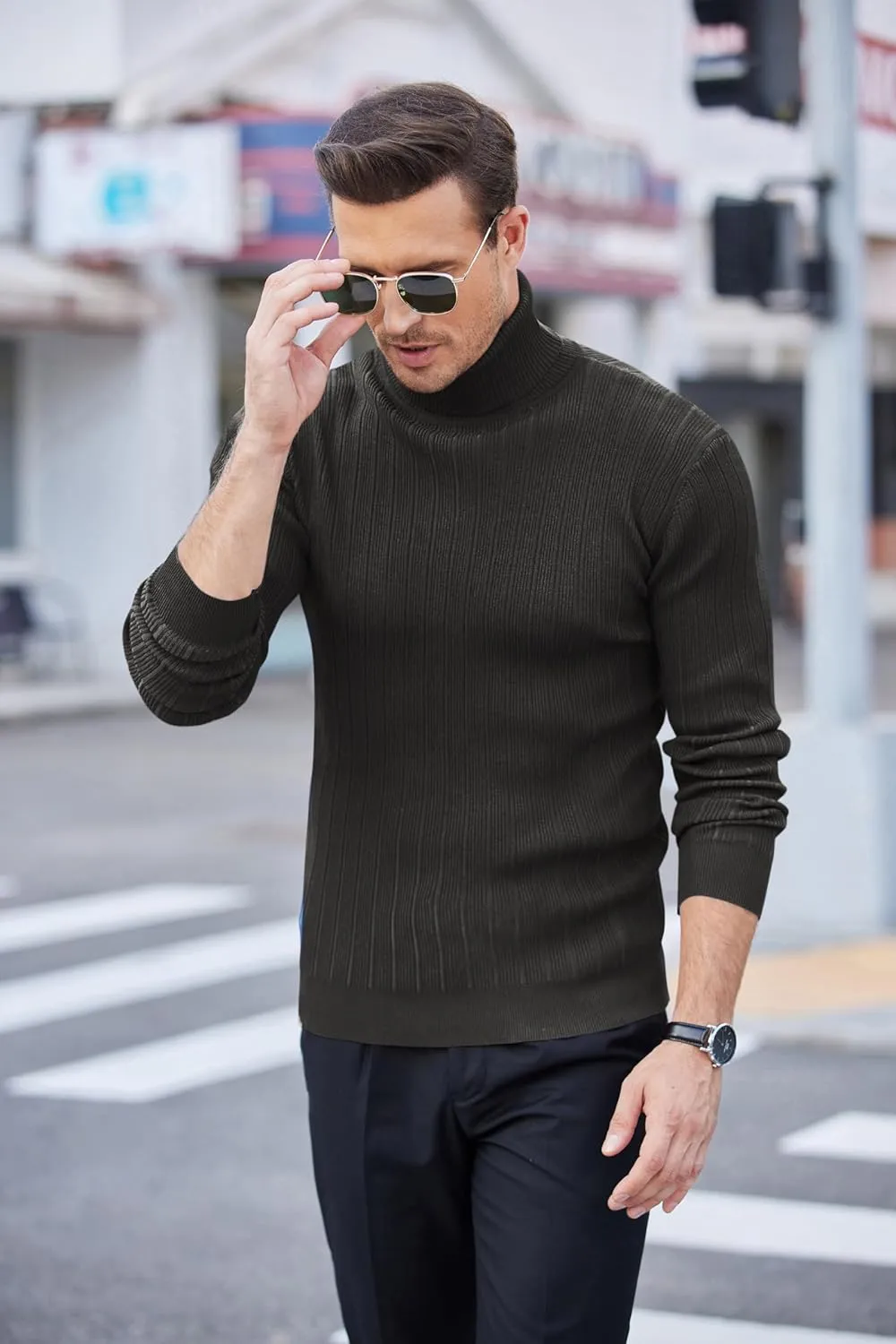 COOFANDY Men's Slim Fit Turtleneck Sweater Ribbed Knitted High Neck Pullover Sweaters