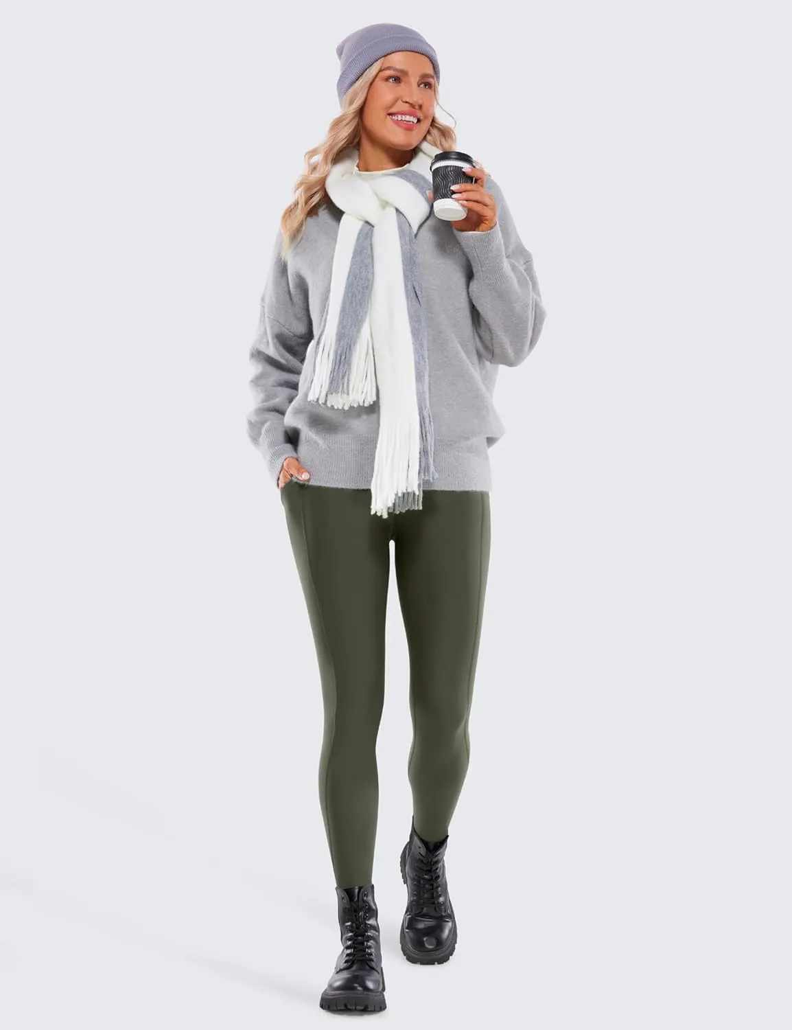 CRZ YOGA Womens Fleece Lined Leggings with Pockets 26.5" - Winter Thermal Warm Soft Water Resistant Casual Lounge Pants