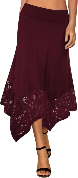 DJT Womens Flat Elastic High Waist Skirts Stretchy Flowy Handkerchief Lace Splicing Hem Midi Skirt
