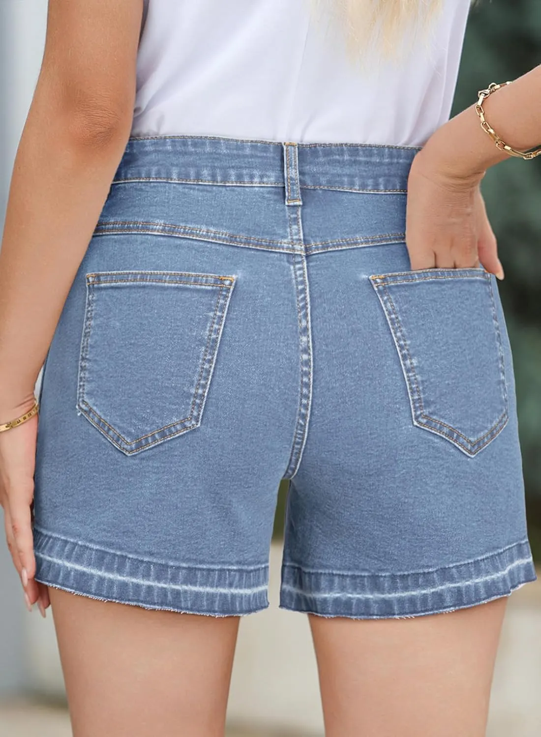 Dokotoo Womens Jean Shorts Stretchy High Waisted 2025 Straight Leg Frayed Raw Hem Casual Denim Shorts with Pockets