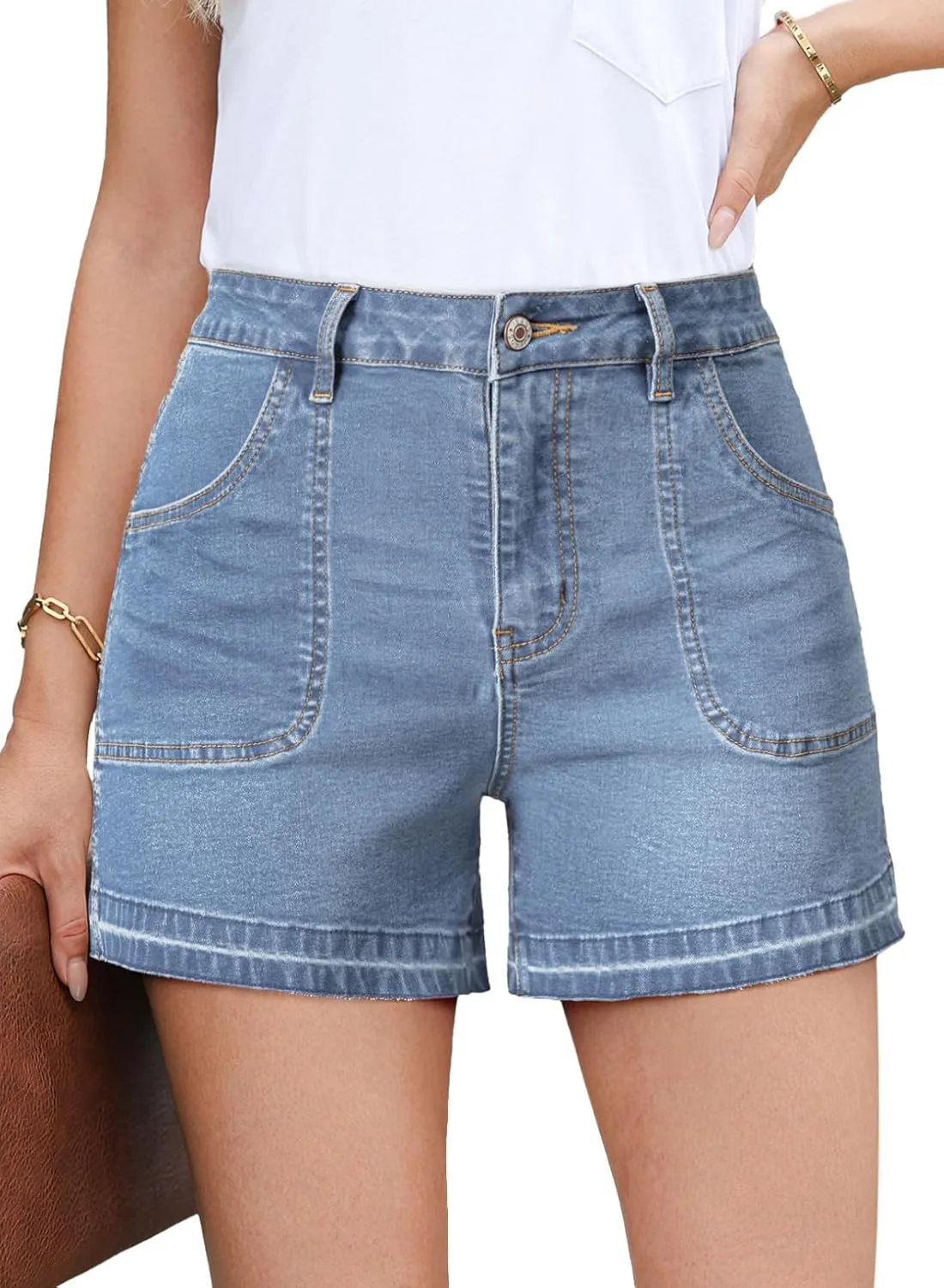 Dokotoo Womens Jean Shorts Stretchy High Waisted 2025 Straight Leg Frayed Raw Hem Casual Denim Shorts with Pockets