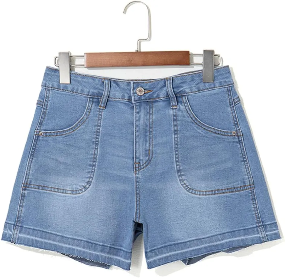 Dokotoo Womens Jean Shorts Stretchy High Waisted 2025 Straight Leg Frayed Raw Hem Casual Denim Shorts with Pockets