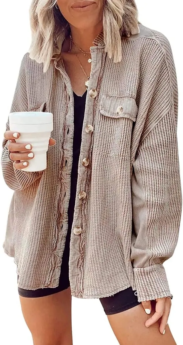 ebossy Womens Long Batwing Sleeve Splicing Cardigan Lightweight Waffle Textured Boyfriend Shirt Jacket Shacket