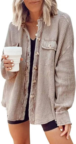 ebossy Womens Long Batwing Sleeve Splicing Cardigan Lightweight Waffle Textured Boyfriend Shirt Jacket Shacket