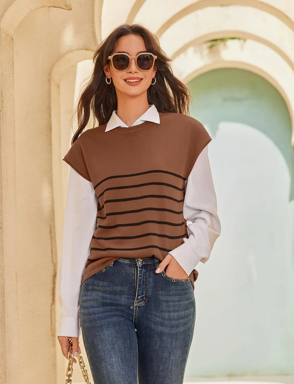 Ekouaer Striped Lounge Set 2 Piece Sweater Matching Outfits Travel Knit Clothing Sets for Women