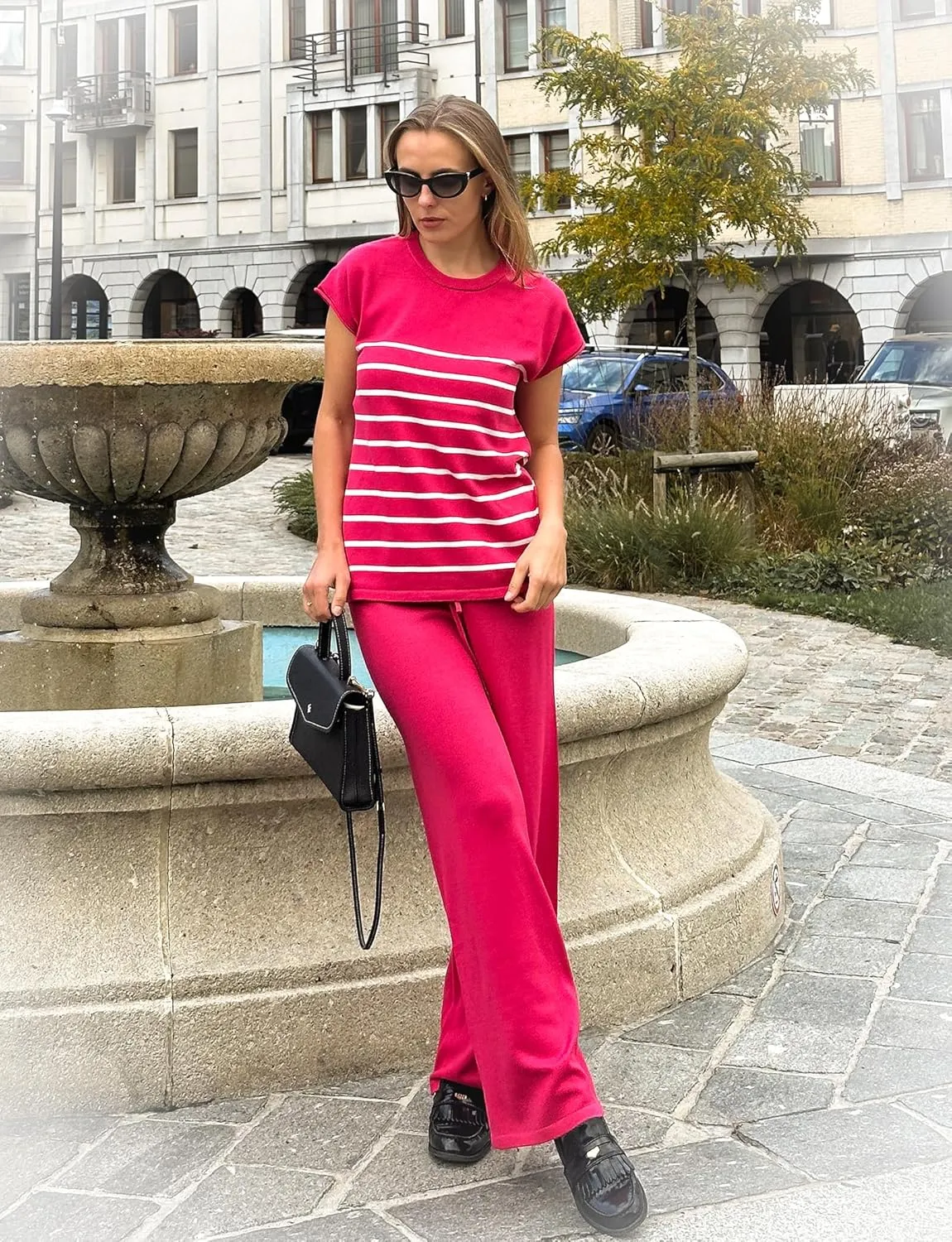 Ekouaer Striped Lounge Set 2 Piece Sweater Matching Outfits Travel Knit Clothing Sets for Women