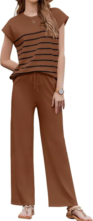 Ekouaer Striped Lounge Set 2 Piece Sweater Matching Outfits Travel Knit Clothing Sets for Women