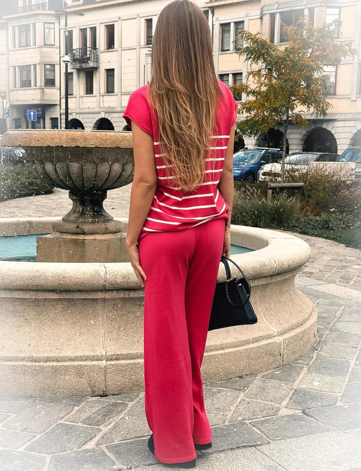Ekouaer Striped Lounge Set 2 Piece Sweater Matching Outfits Travel Knit Clothing Sets for Women