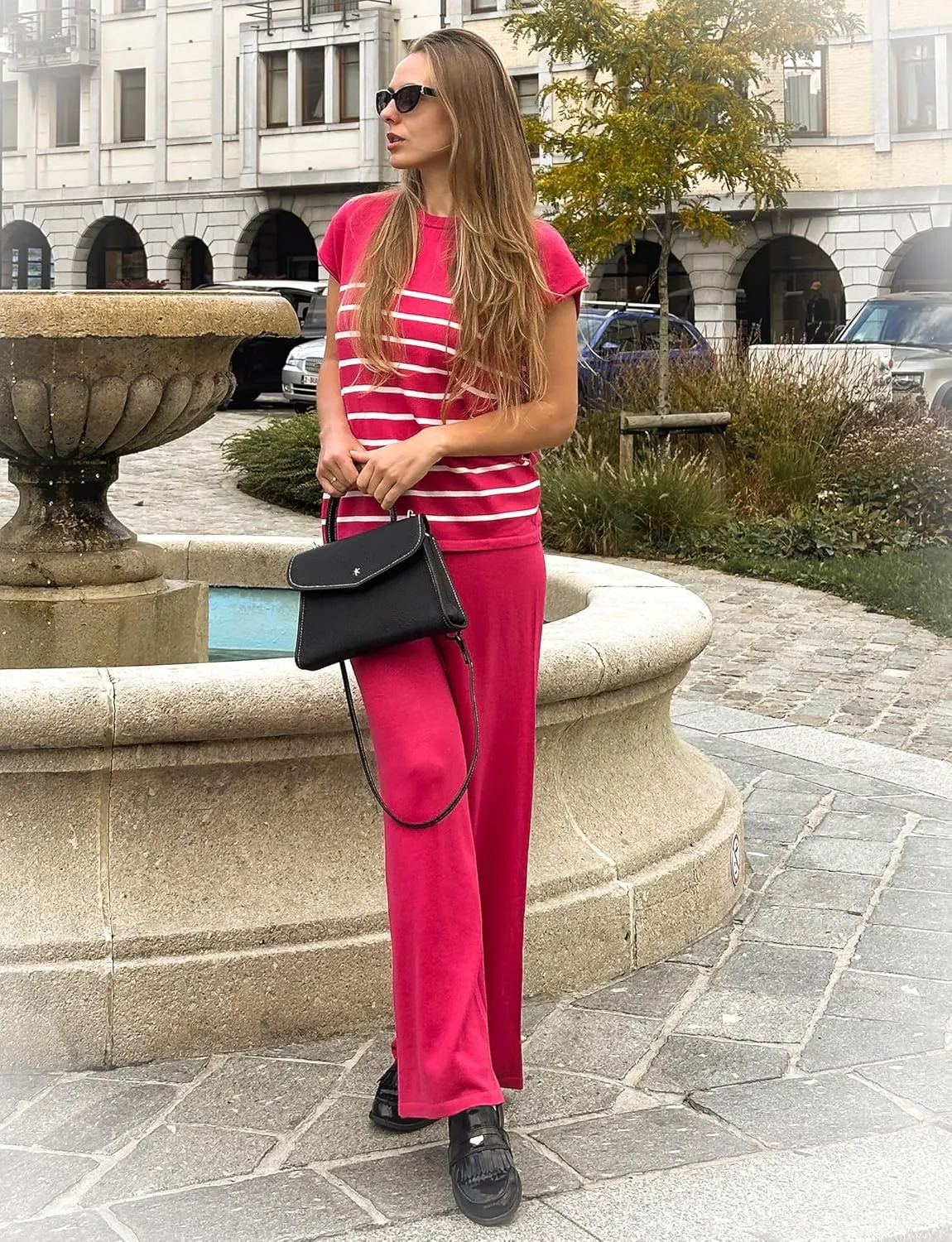 Ekouaer Striped Lounge Set 2 Piece Sweater Matching Outfits Travel Knit Clothing Sets for Women