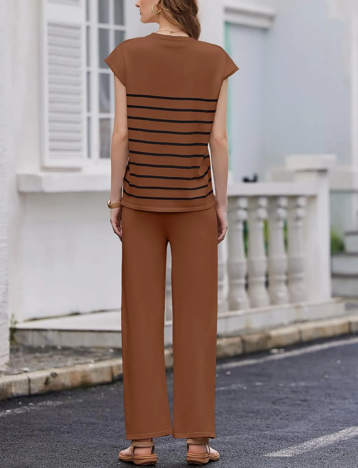 Ekouaer Striped Lounge Set 2 Piece Sweater Matching Outfits Travel Knit Clothing Sets for Women