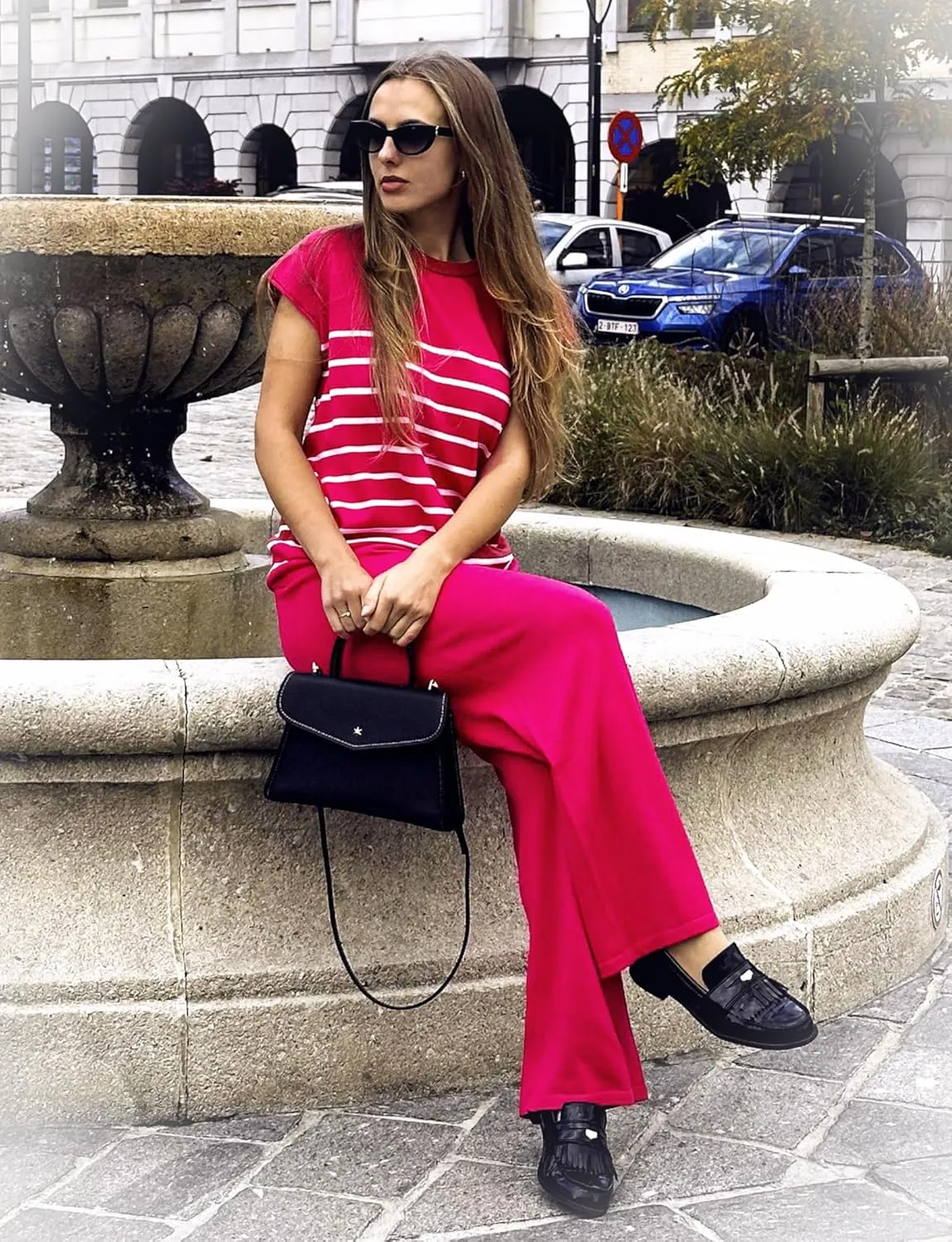 Ekouaer Striped Lounge Set 2 Piece Sweater Matching Outfits Travel Knit Clothing Sets for Women