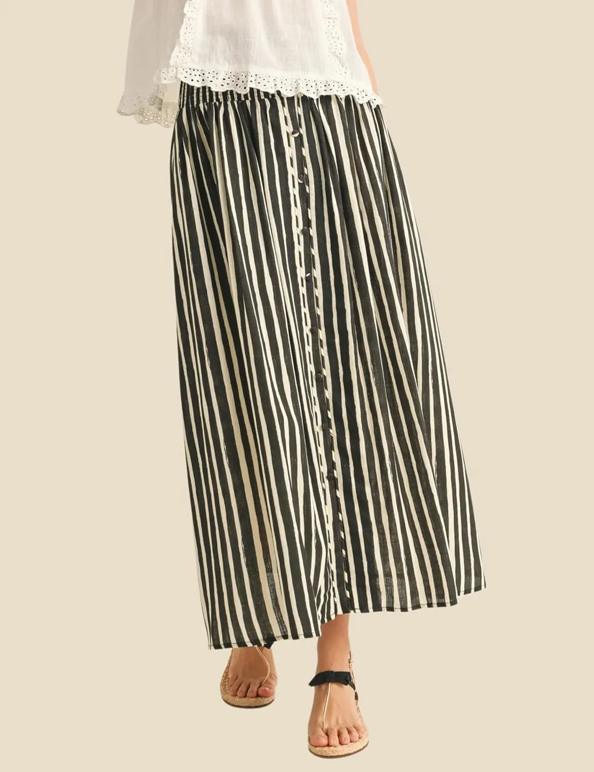 Esmeling Women Summer Striped Maxi Skirt High-Waisted Pleated A-line Skirt Button Front Skirt with Pockets