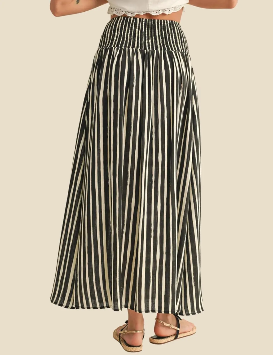 Esmeling Women Summer Striped Maxi Skirt High-Waisted Pleated A-line Skirt Button Front Skirt with Pockets