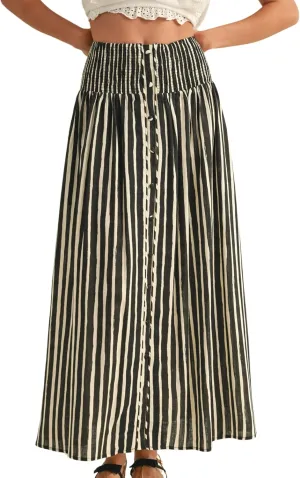 Esmeling Women Summer Striped Maxi Skirt High-Waisted Pleated A-line Skirt Button Front Skirt with Pockets