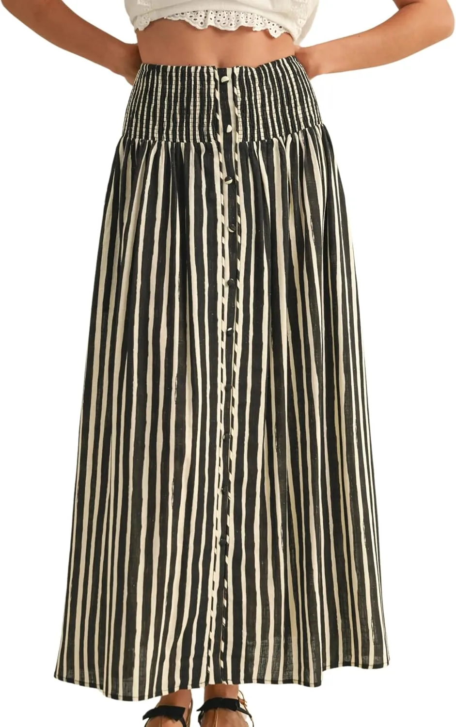 Esmeling Women Summer Striped Maxi Skirt High-Waisted Pleated A-line Skirt Button Front Skirt with Pockets
