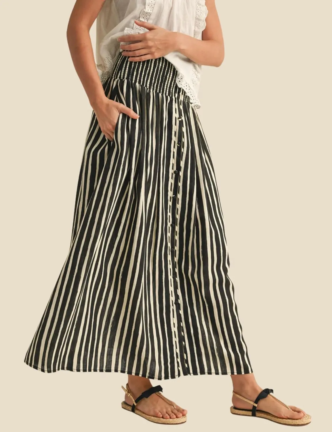 Esmeling Women Summer Striped Maxi Skirt High-Waisted Pleated A-line Skirt Button Front Skirt with Pockets