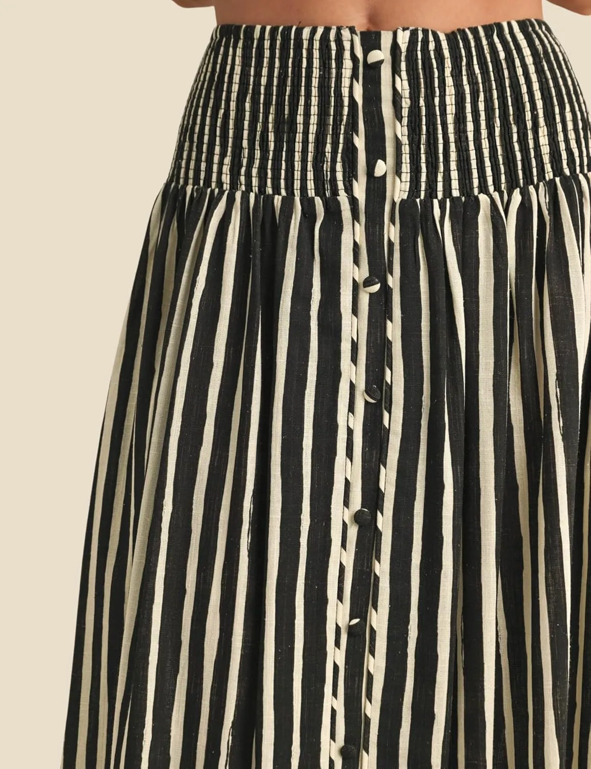 Esmeling Women Summer Striped Maxi Skirt High-Waisted Pleated A-line Skirt Button Front Skirt with Pockets