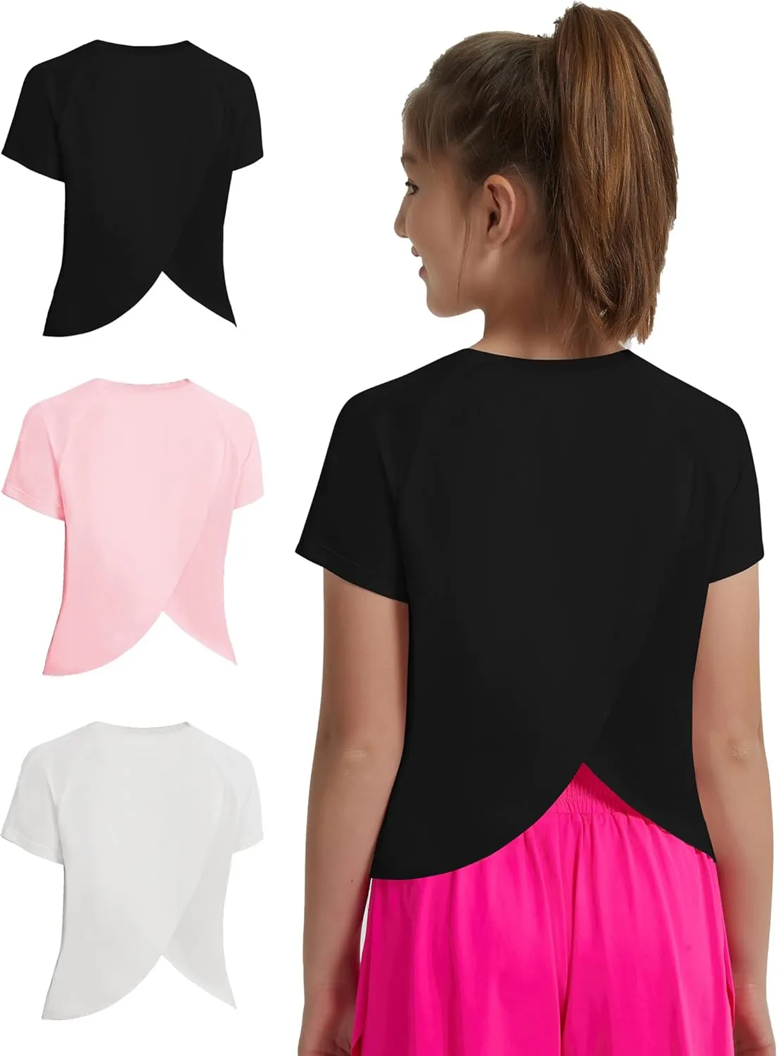 EXARUS Girls Athletic Shirts Short Sleeve Crop Tops/Split Back Quick Dry T Shirt Workout Summer Casual Kids 6-14Y