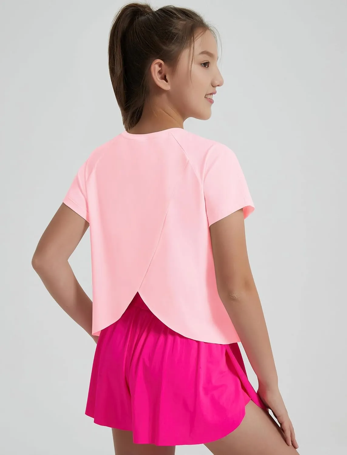 EXARUS Girls Athletic Shirts Short Sleeve Crop Tops/Split Back Quick Dry T Shirt Workout Summer Casual Kids 6-14Y