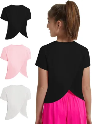 EXARUS Girls Athletic Shirts Short Sleeve Crop Tops/Split Back Quick Dry T Shirt Workout Summer Casual Kids 6-14Y