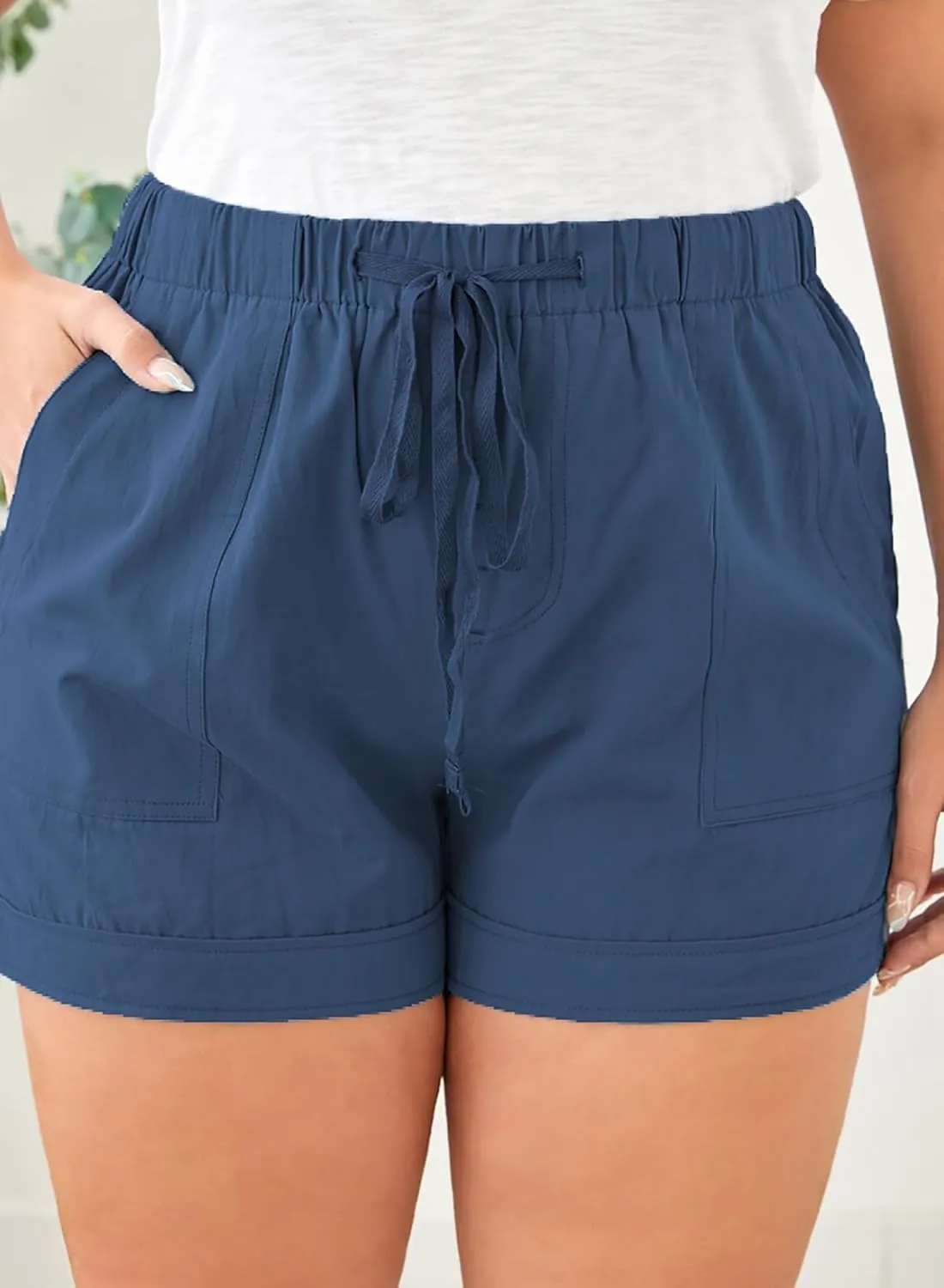 Eytino Womens Plus Size Comfy Drawstring Casual Elastic Waist Pocketed Shorts,1X-5X