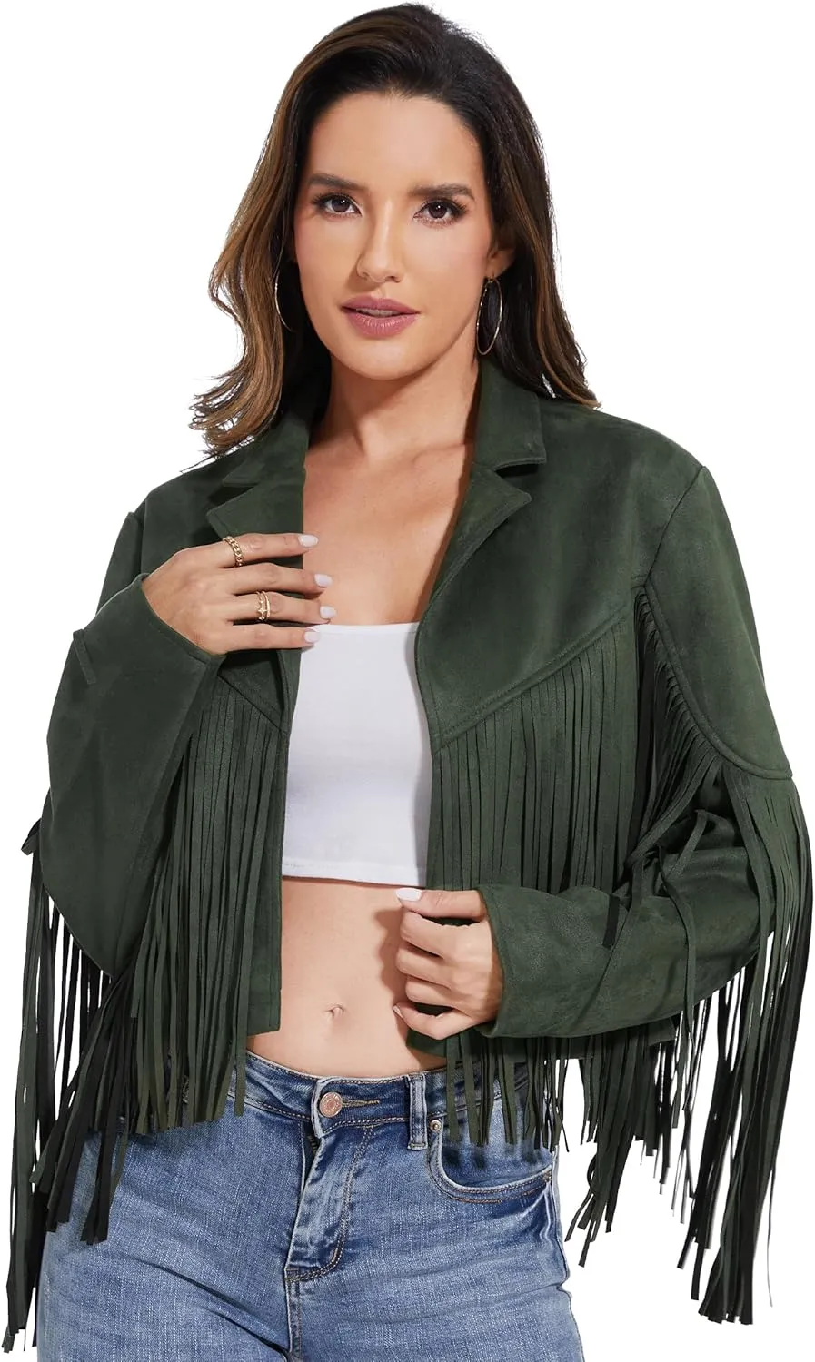 Fahsyee Women's Fringe Leather Jackets - Suede Faux Motocycle Biker Cropped Coat Vegan Blazer Pleather Fashion Tassel S-XXL