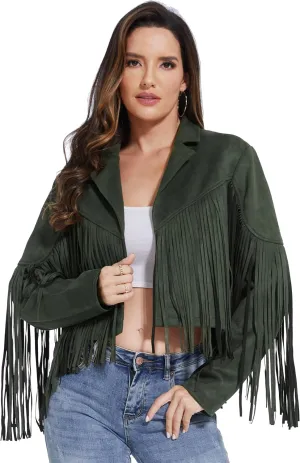 Fahsyee Women's Fringe Leather Jackets - Suede Faux Motocycle Biker Cropped Coat Vegan Blazer Pleather Fashion Tassel S-XXL