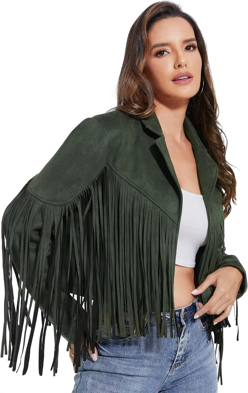 Fahsyee Women's Fringe Leather Jackets - Suede Faux Motocycle Biker Cropped Coat Vegan Blazer Pleather Fashion Tassel S-XXL