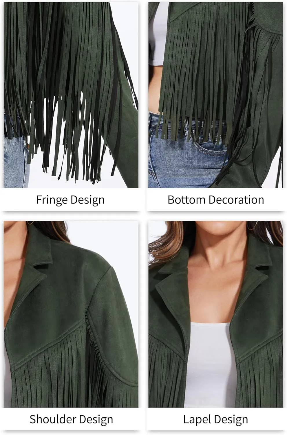Fahsyee Women's Fringe Leather Jackets - Suede Faux Motocycle Biker Cropped Coat Vegan Blazer Pleather Fashion Tassel S-XXL
