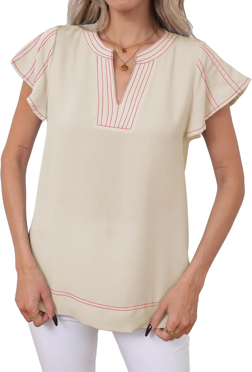 Famulily Womens Cute Flutter Cap Sleeve Notched V Neck Blouse Top Contrast Color Stitched Line Side Split Hem Tee Shirt