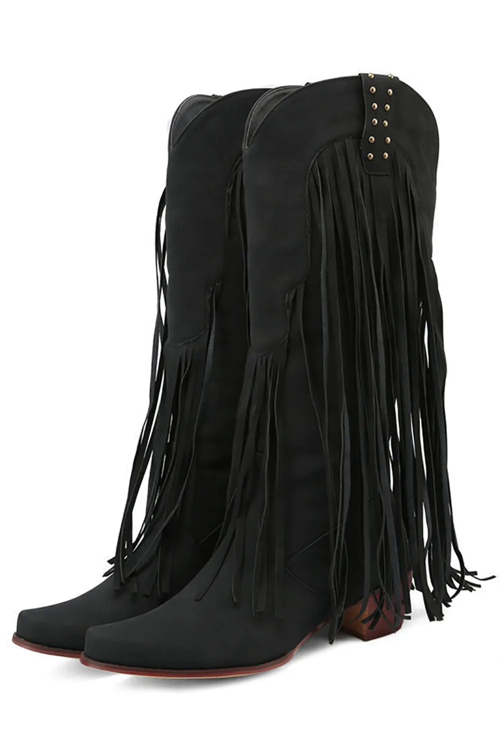 Fashion Black Solid Color Suede Tassel Pointed Toe High Heel Boots