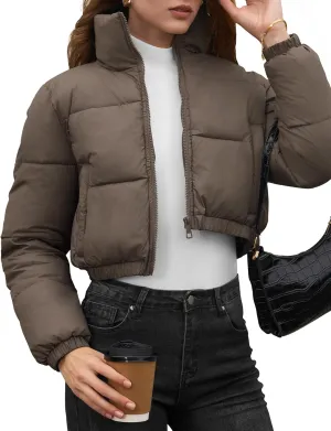 Fengbay Womens Puffer Jacket Long Sleeve Zip Cropped Jacket Short Lightweight Outwear Womens Winter Coats With Pockets