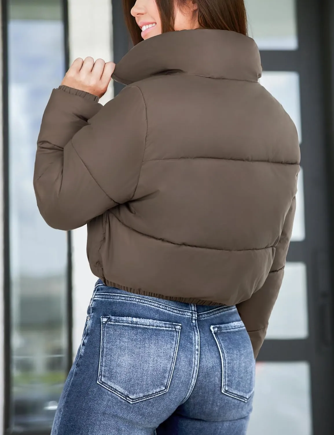 Fengbay Womens Puffer Jacket Long Sleeve Zip Cropped Jacket Short Lightweight Outwear Womens Winter Coats With Pockets