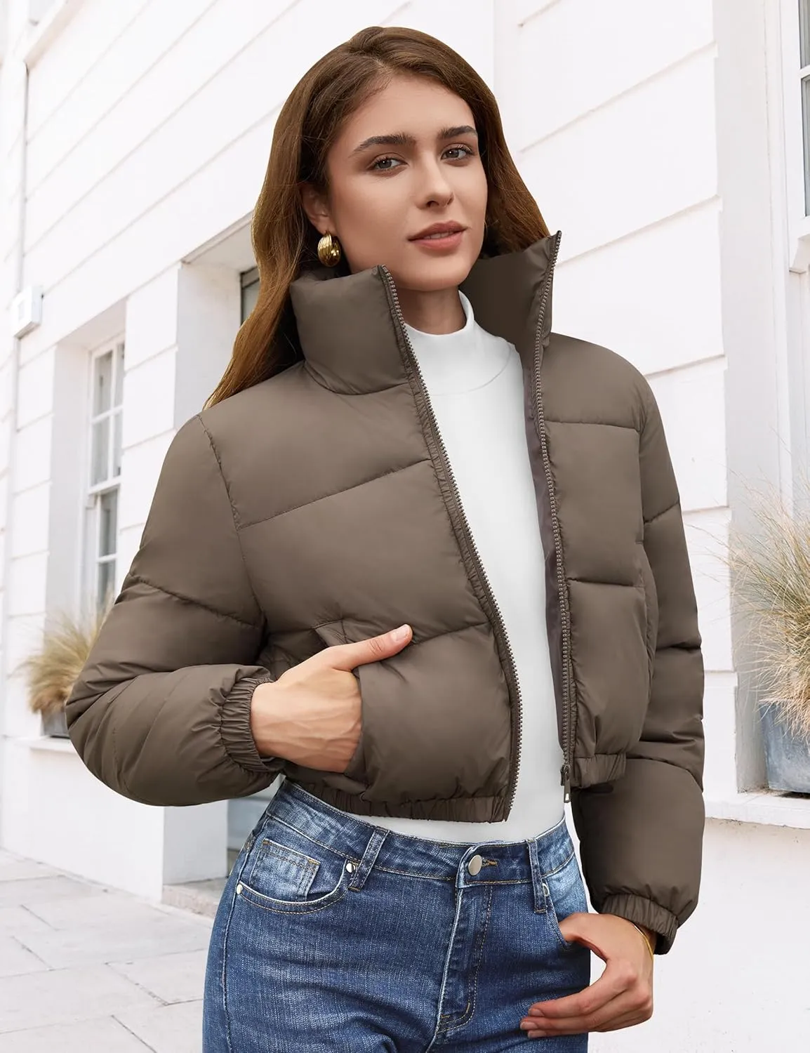 Fengbay Womens Puffer Jacket Long Sleeve Zip Cropped Jacket Short Lightweight Outwear Womens Winter Coats With Pockets