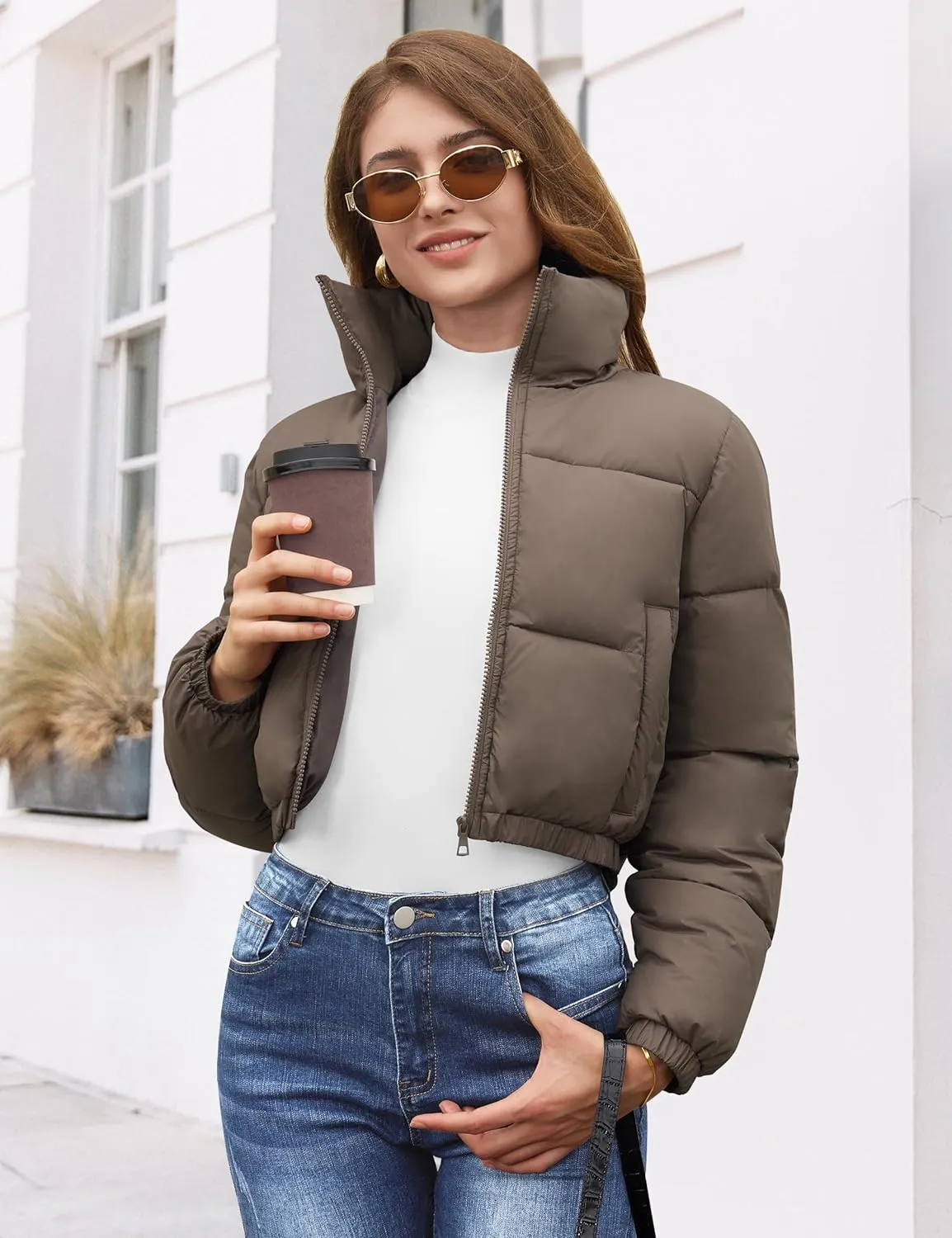 Fengbay Womens Puffer Jacket Long Sleeve Zip Cropped Jacket Short Lightweight Outwear Womens Winter Coats With Pockets