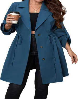 FEORJGP Womens Plus Size Long Trench Coat Jacket Lapel Double Breasted Coat Long Sleeve Overcoat with Belt Windproof Outwear