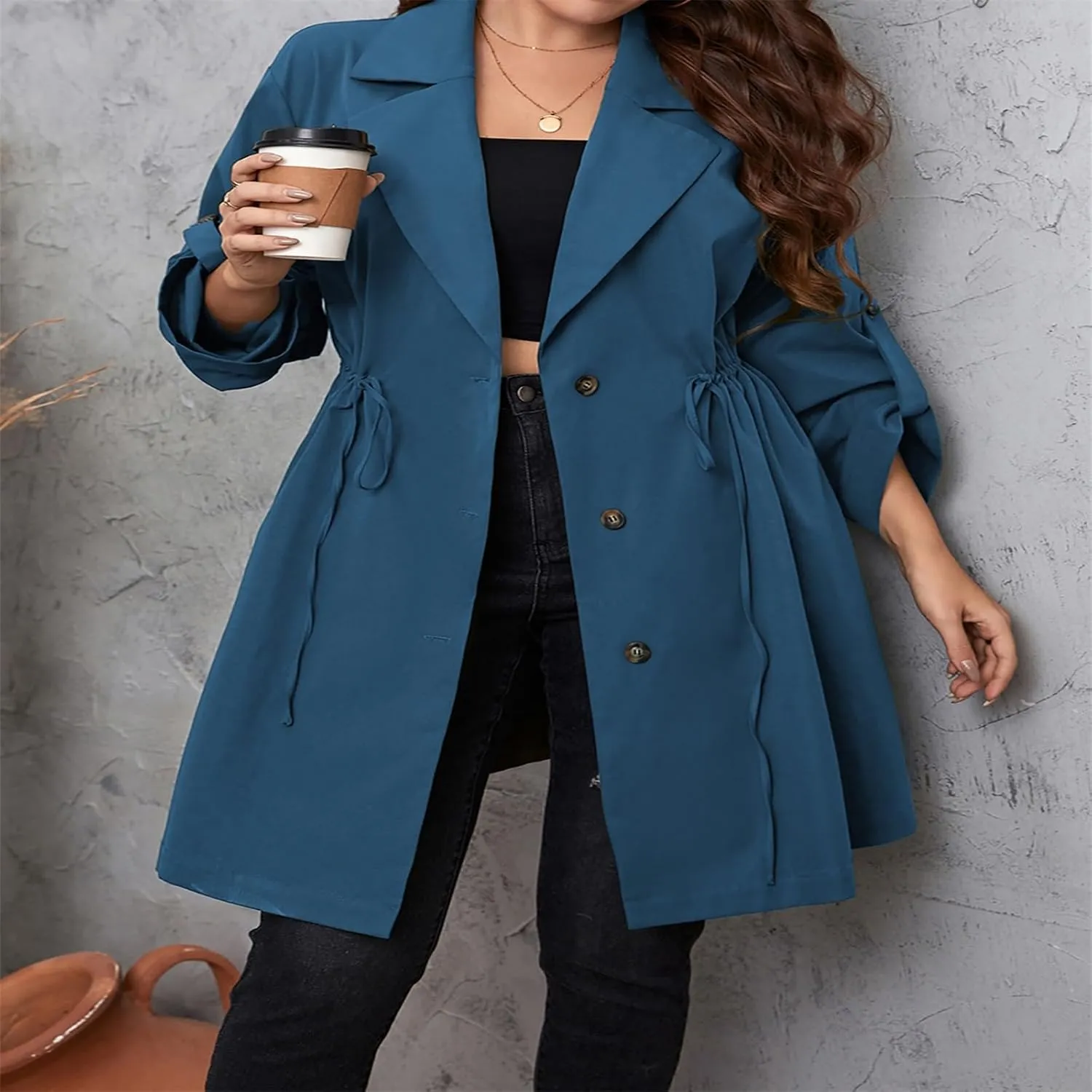 FEORJGP Womens Plus Size Long Trench Coat Jacket Lapel Double Breasted Coat Long Sleeve Overcoat with Belt Windproof Outwear
