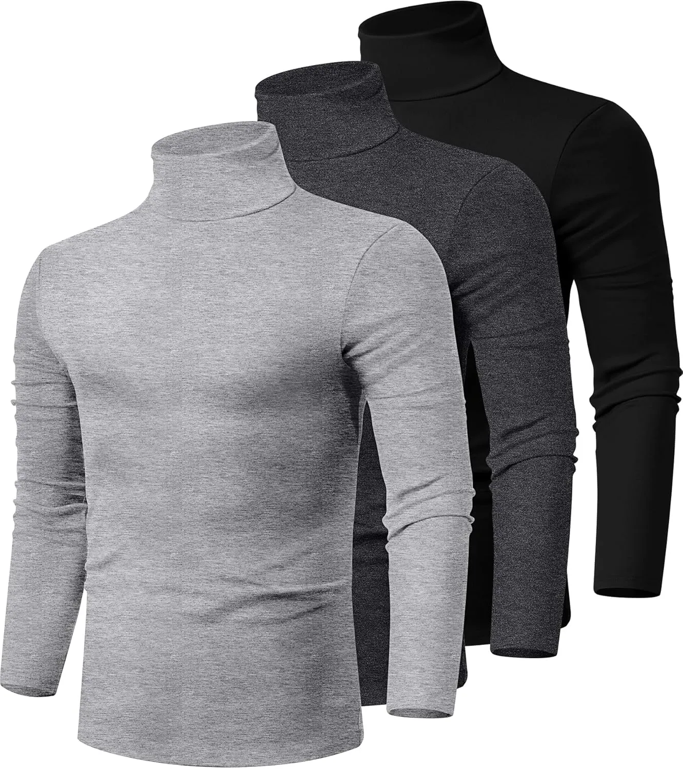Ficerd 3 Pack Men's Turtleneck Shirts, Long Sleeve Cotton Pullover Sweaters Mock Neck Knitted T Shirt Basic Slim Fit Tee Tops