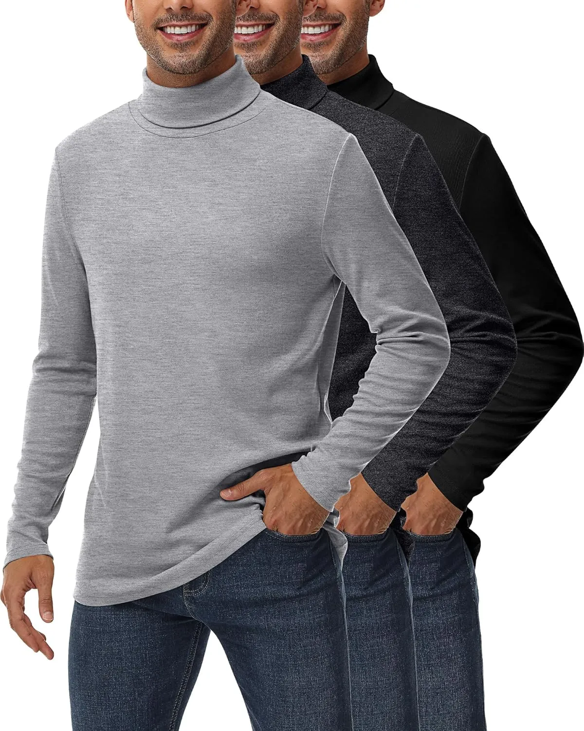 Ficerd 3 Pack Men's Turtleneck Shirts, Long Sleeve Cotton Pullover Sweaters Mock Neck Knitted T Shirt Basic Slim Fit Tee Tops