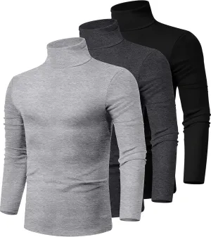 Ficerd 3 Pack Men's Turtleneck Shirts, Long Sleeve Cotton Pullover Sweaters Mock Neck Knitted T Shirt Basic Slim Fit Tee Tops