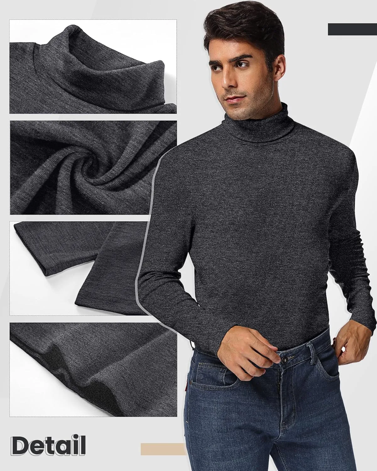 Ficerd 3 Pack Men's Turtleneck Shirts, Long Sleeve Cotton Pullover Sweaters Mock Neck Knitted T Shirt Basic Slim Fit Tee Tops
