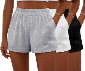 Ficerd 3 Pack Women's Sweat Shorts, Elastic High Waist Casual Summer Lounge Cotton Comfy Athletic Shorts with Pockets