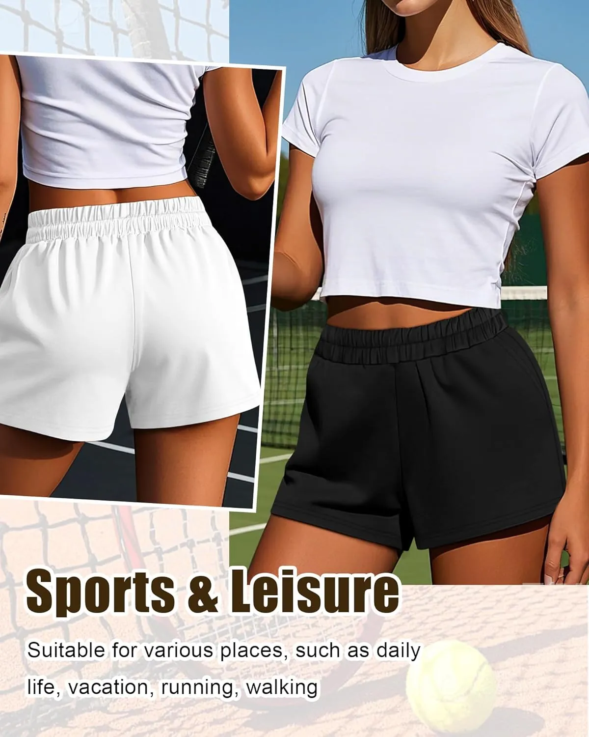 Ficerd 3 Pack Women's Sweat Shorts, Elastic High Waist Casual Summer Lounge Cotton Comfy Athletic Shorts with Pockets