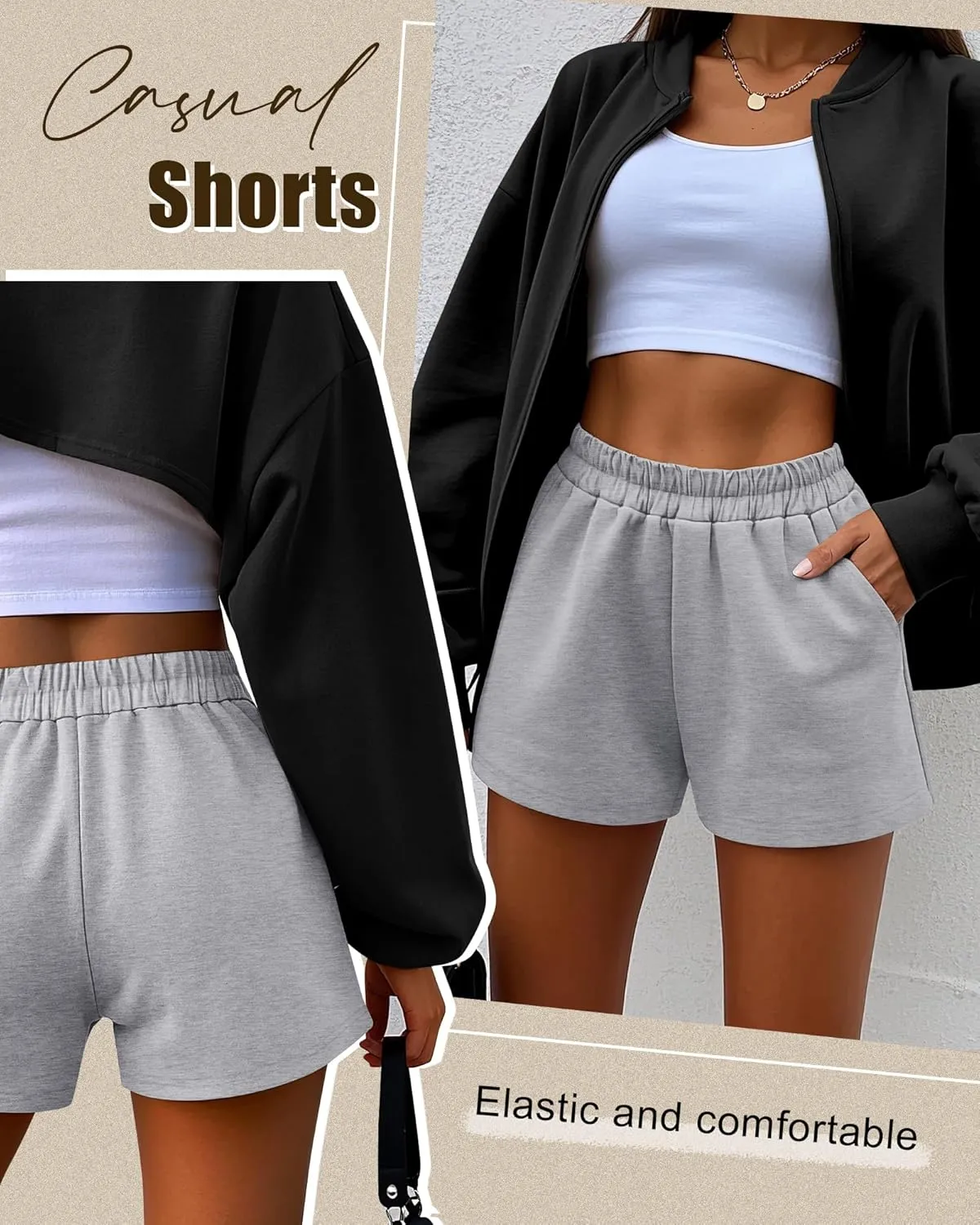 Ficerd 3 Pack Women's Sweat Shorts, Elastic High Waist Casual Summer Lounge Cotton Comfy Athletic Shorts with Pockets