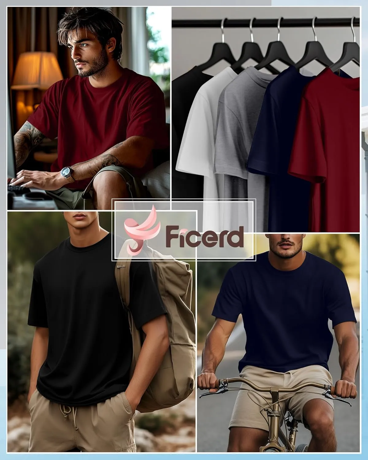 Ficerd 5 Pack Men's Big and Tall Shirts Short Sleeve Cotton Tee Summer Crew Neck Oversize Top Loose Fit Shirt Multipack