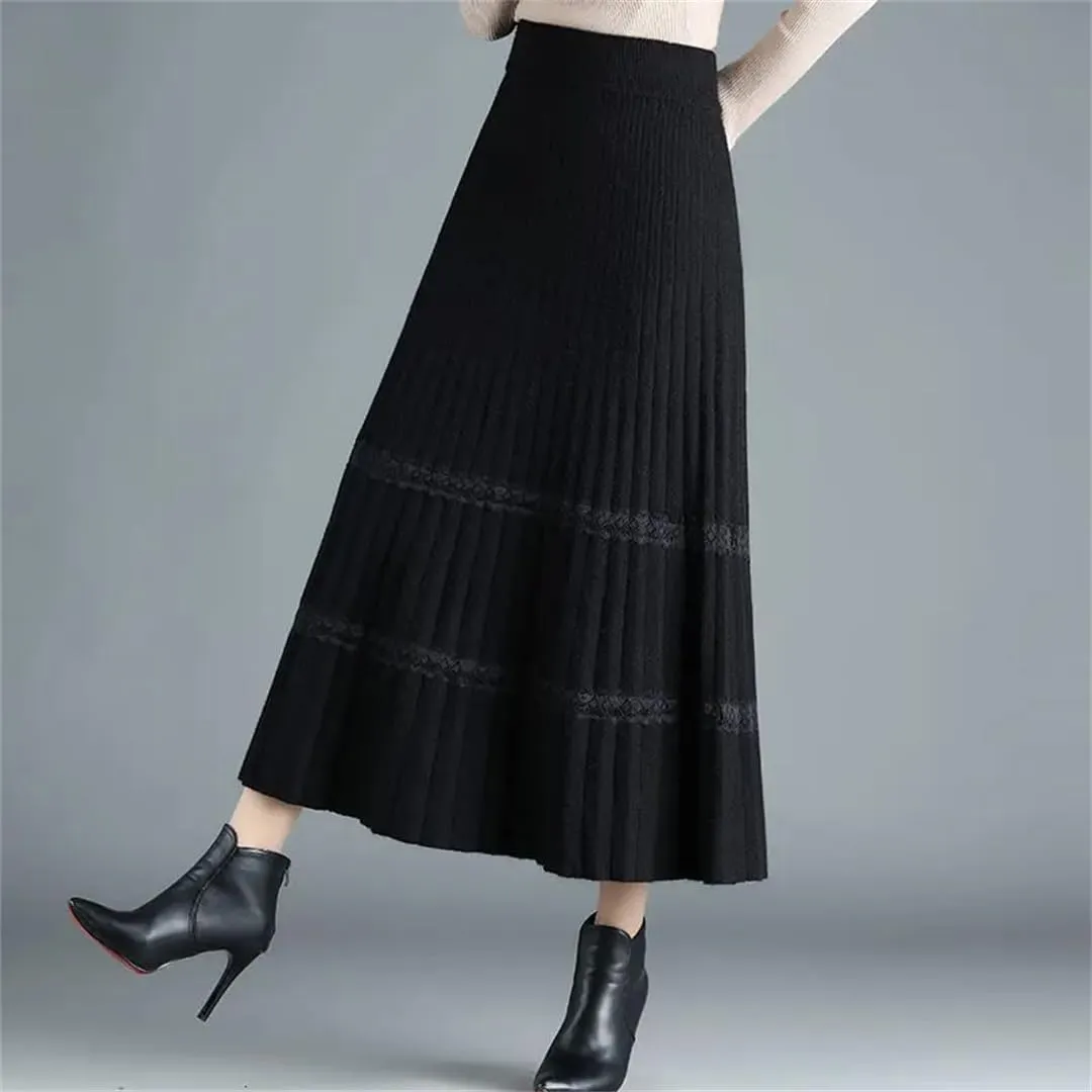 Fjnbbiot Thick Warm Women Pleated Skirts Elastic High Waist Knitted Sweater Skirts Autumn Winter Long A Line Midi Skirt