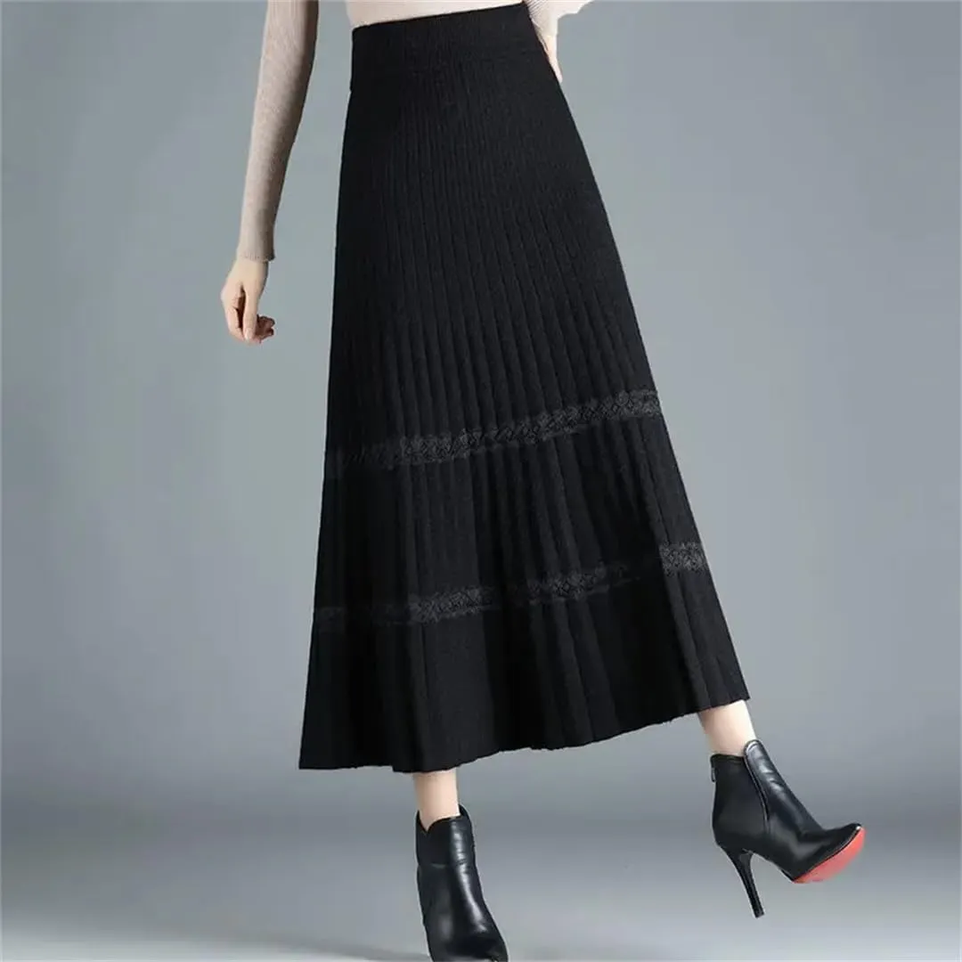Fjnbbiot Thick Warm Women Pleated Skirts Elastic High Waist Knitted Sweater Skirts Autumn Winter Long A Line Midi Skirt